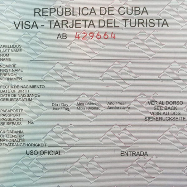 A green card for Cuban Tourists with personal information to be filled up.