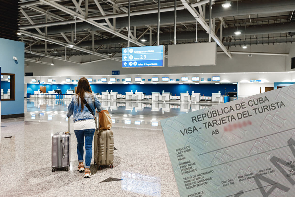 A woman walking at the airport and a visa partially shown in the camera.