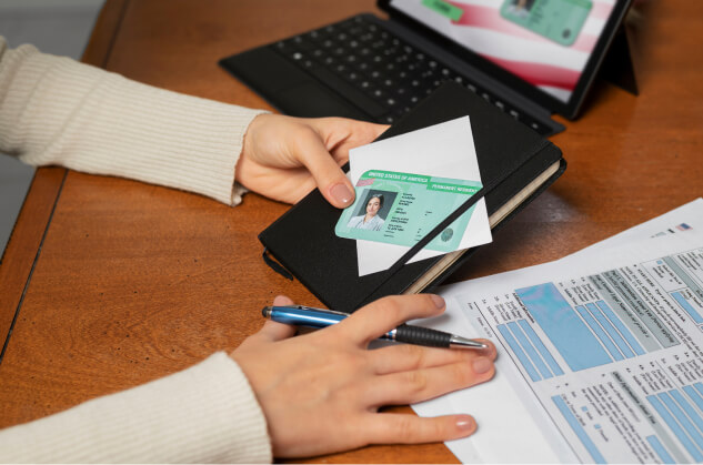 Image of female's arm holding green card and a ballpen.