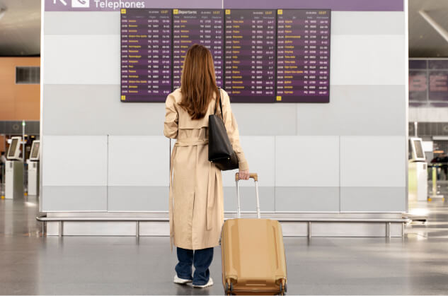 A female standing in front of a purple banner on the wall of an airport.