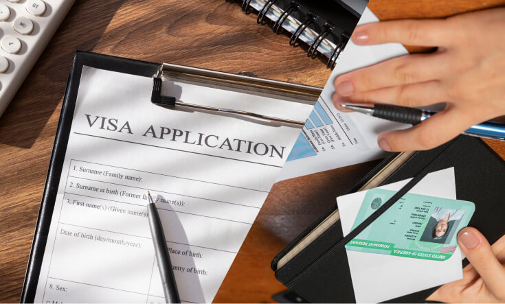 Image of a visa application and a person holding green card.