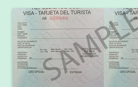 A sample Cuban Visa with watermark and green background