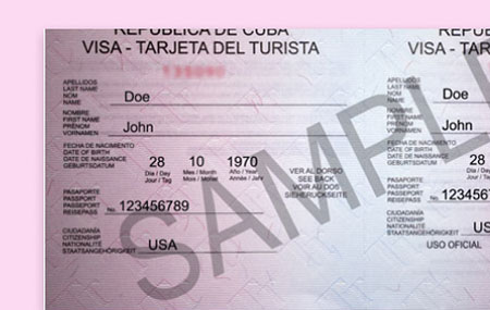 A sample Cuban Visa with watermark and pink background