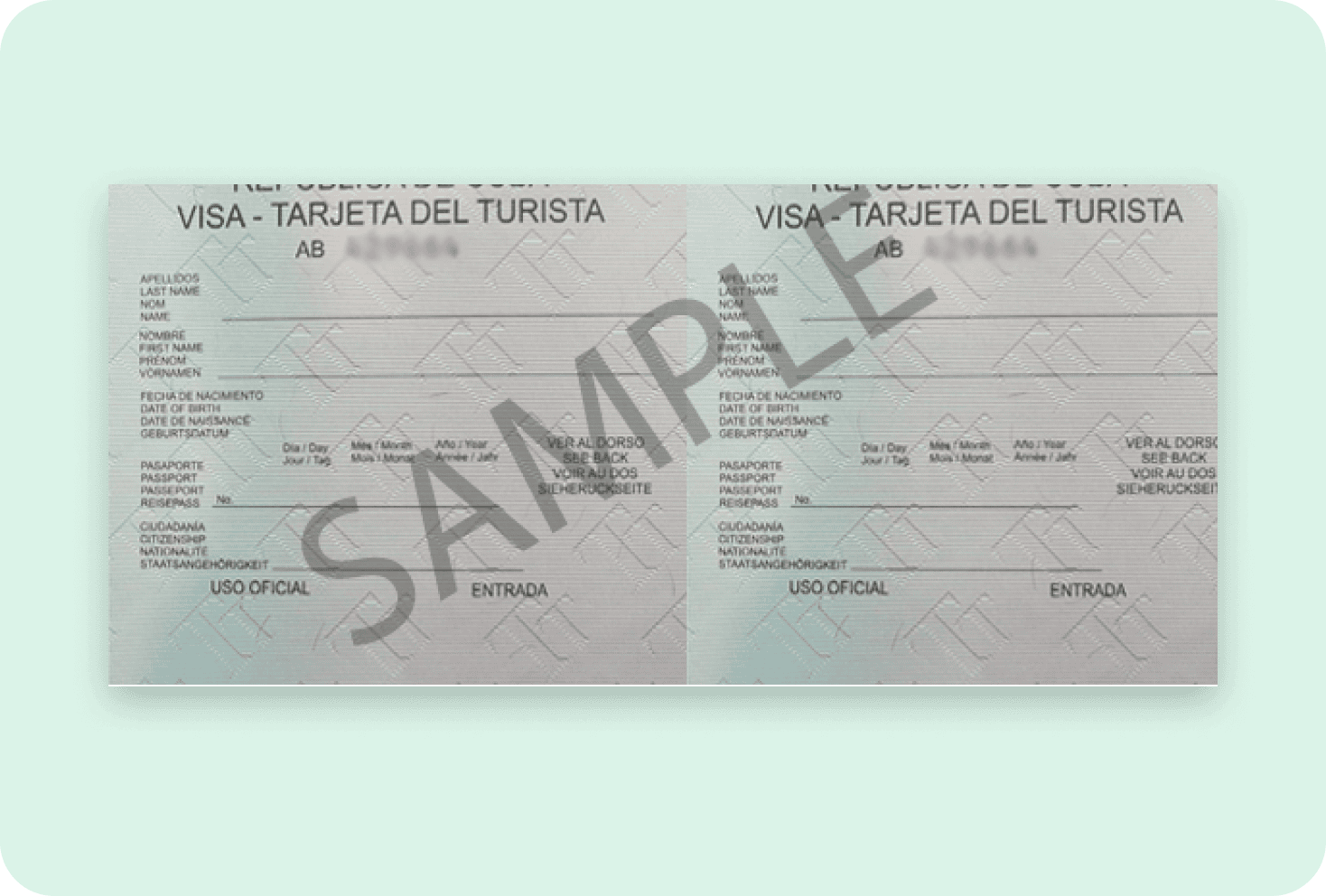 A sample Cuban Visa with watermark and green background