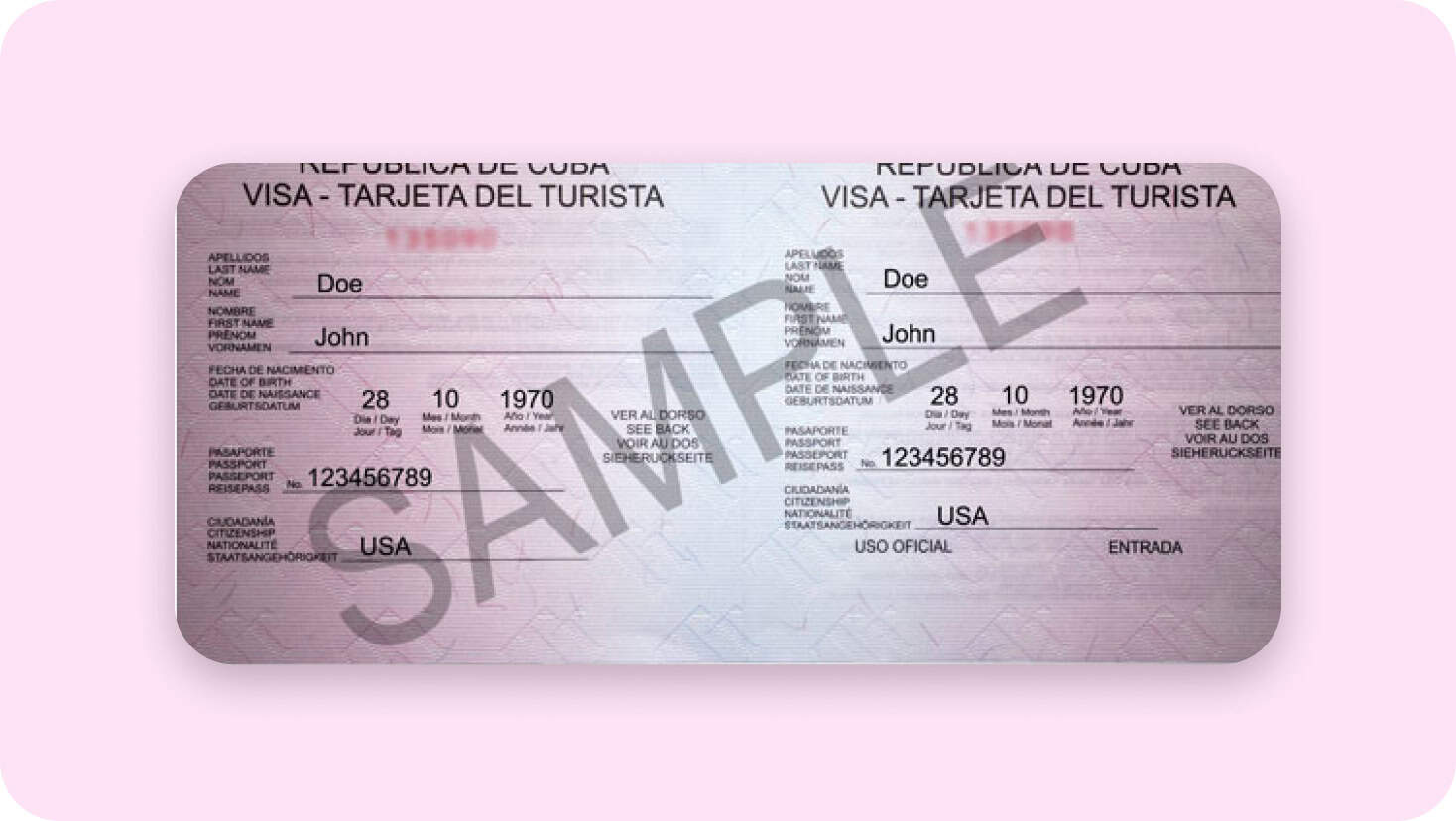 A sample Cuban Visa with watermark and pink background