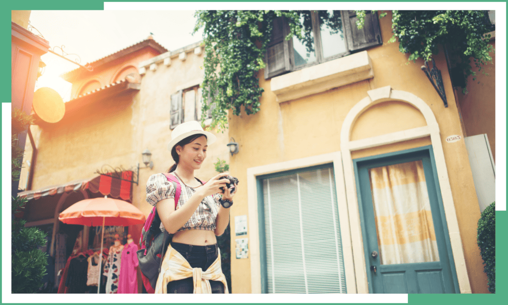 A young woman in her comfy traveling summer outfit