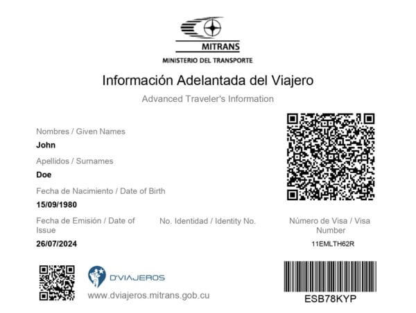 Example of an eVisa document for travel authorization to Cuba - Cuba Visa